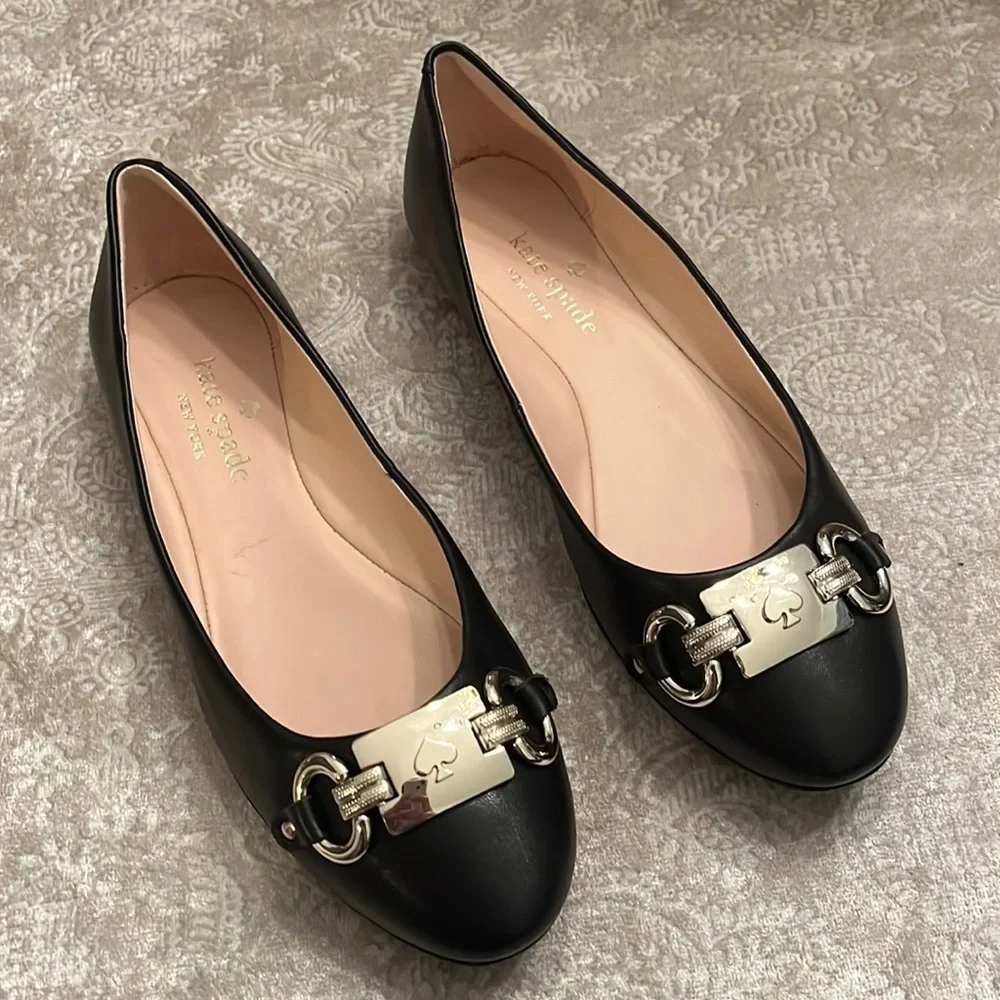 Brand New Kate Spade Genuine Leather Black Flats Slip On Shoes Silver Tone Logo
